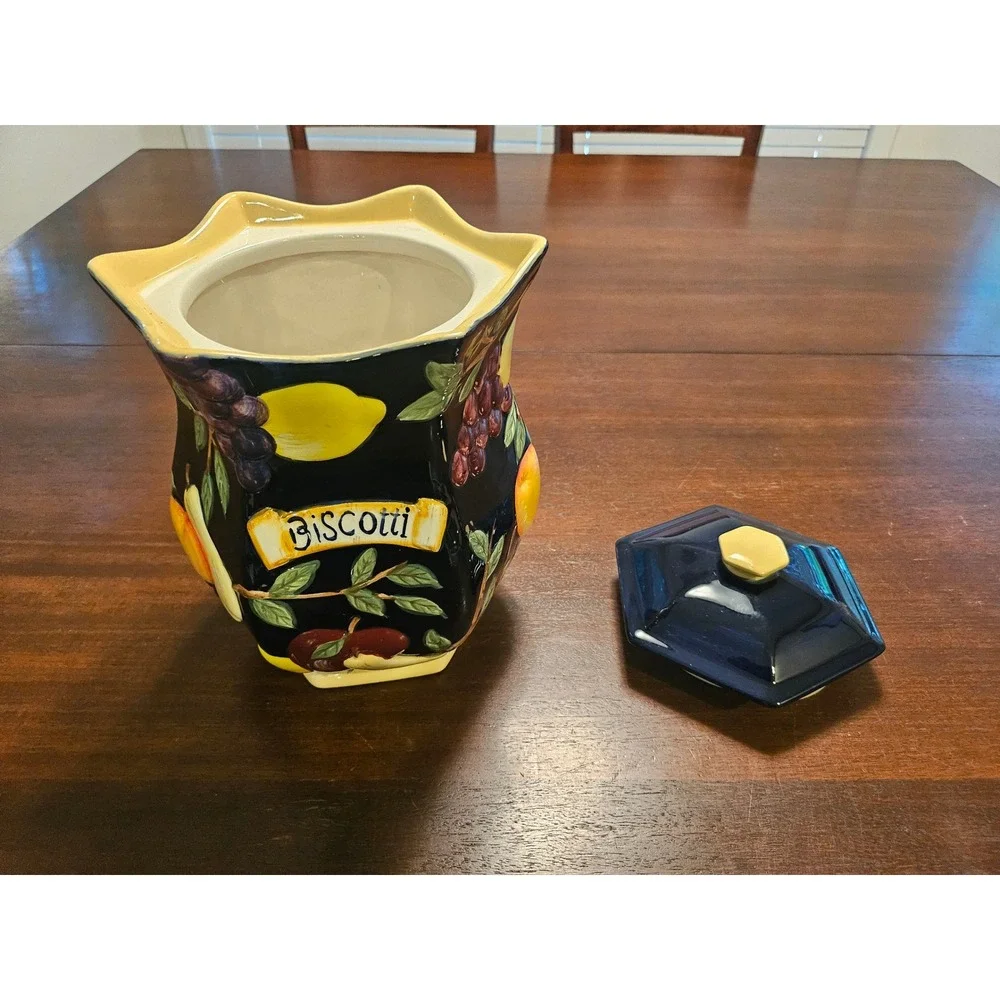 Nonnis Biscotti Cookie Jar Kitchenware Large Black Fruit Patterned Ceramic